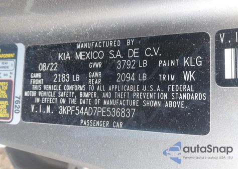 2023 Kia Forte Gt-Line z USA, uszkodzony, nr VIN 3KPF54AD7PE536837